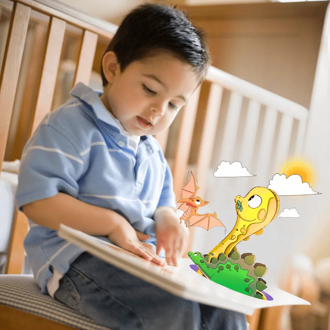 Child reading dinosaur story design
