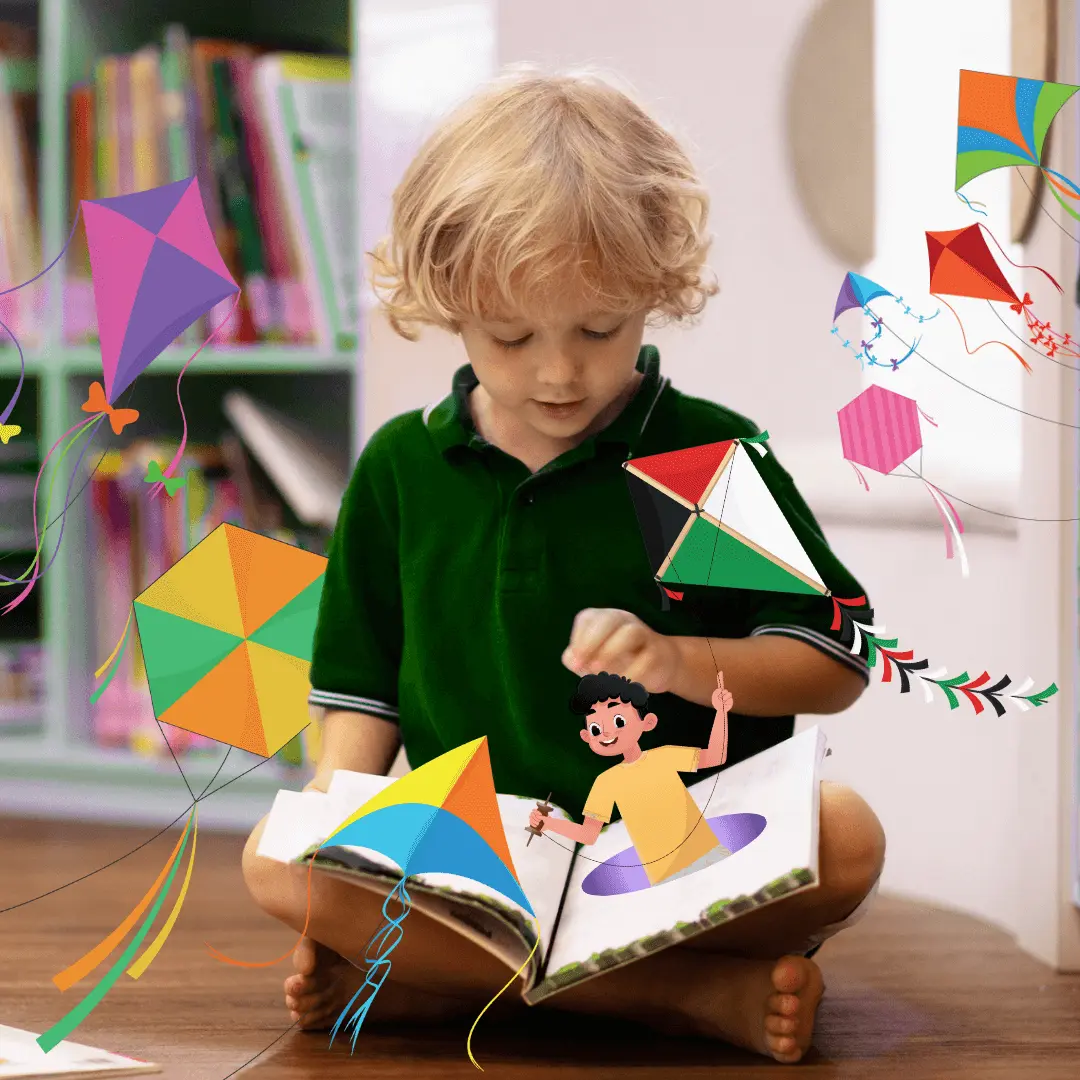 Child reading kite book design