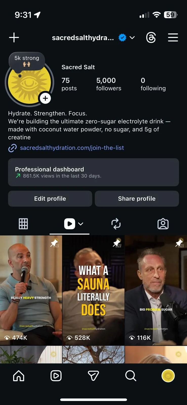 Sacred Salt profile showing 5,000 followers and 861.5K views in the last 30 days