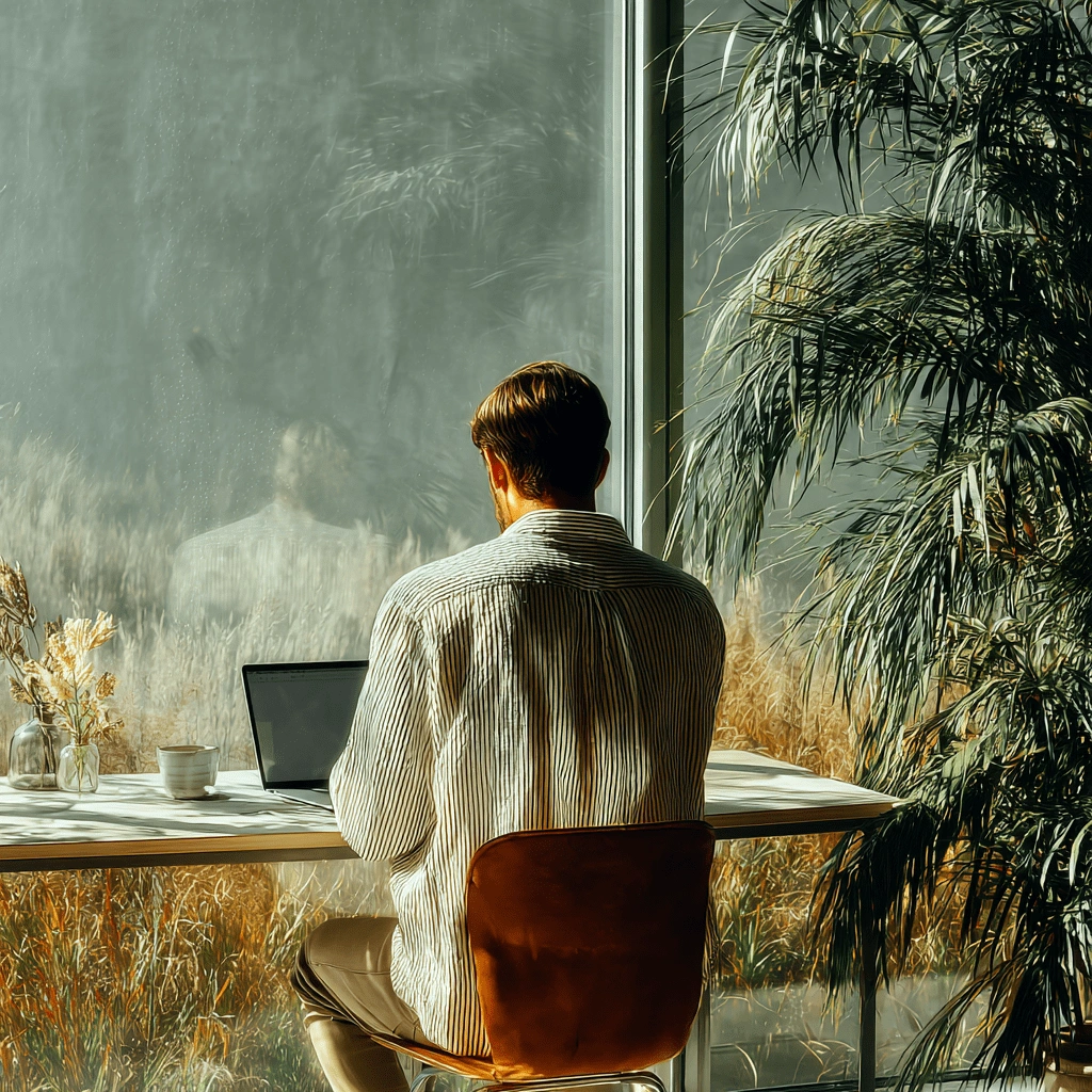 Business owner looking out a window