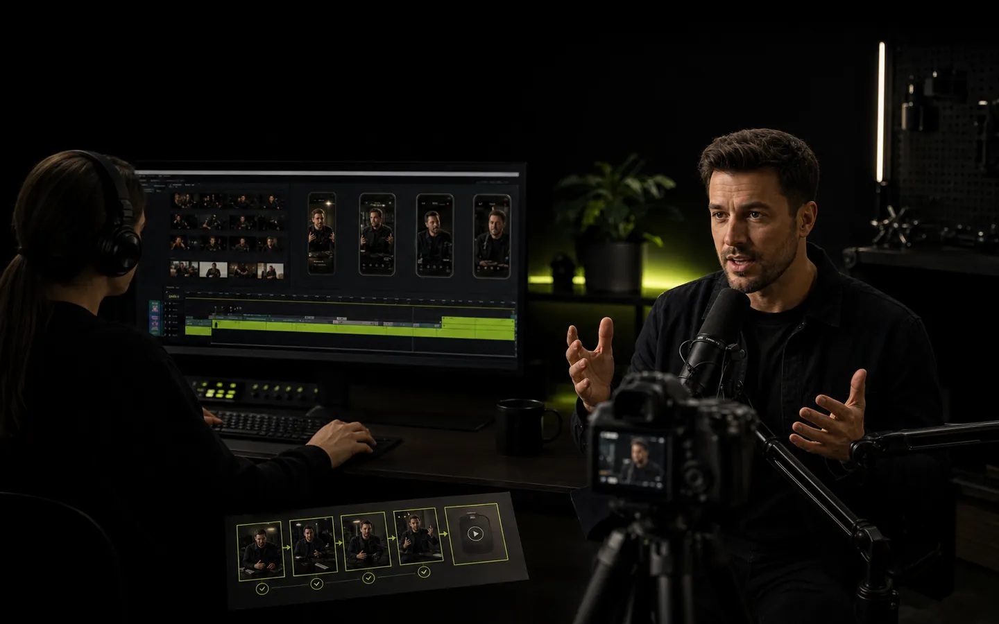 Creator recording while an editor turns raw footage into platform-ready social videos
