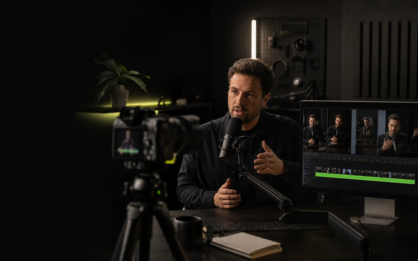 Founder recording expert-led social content beside a professional editing workflow